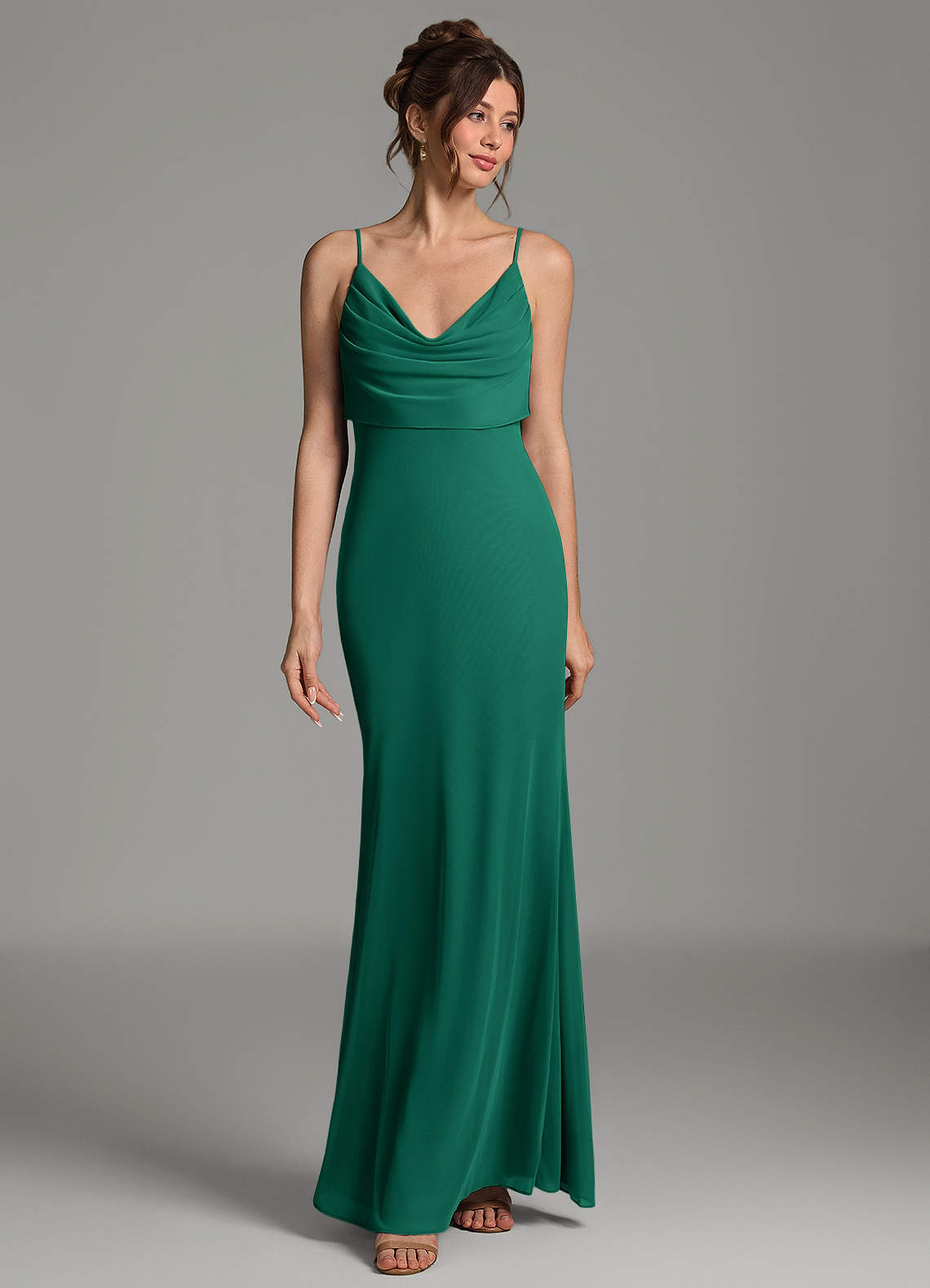 Zari Mermaid Cowl-Neck Mesh Bridesmaid Dress in Emerald