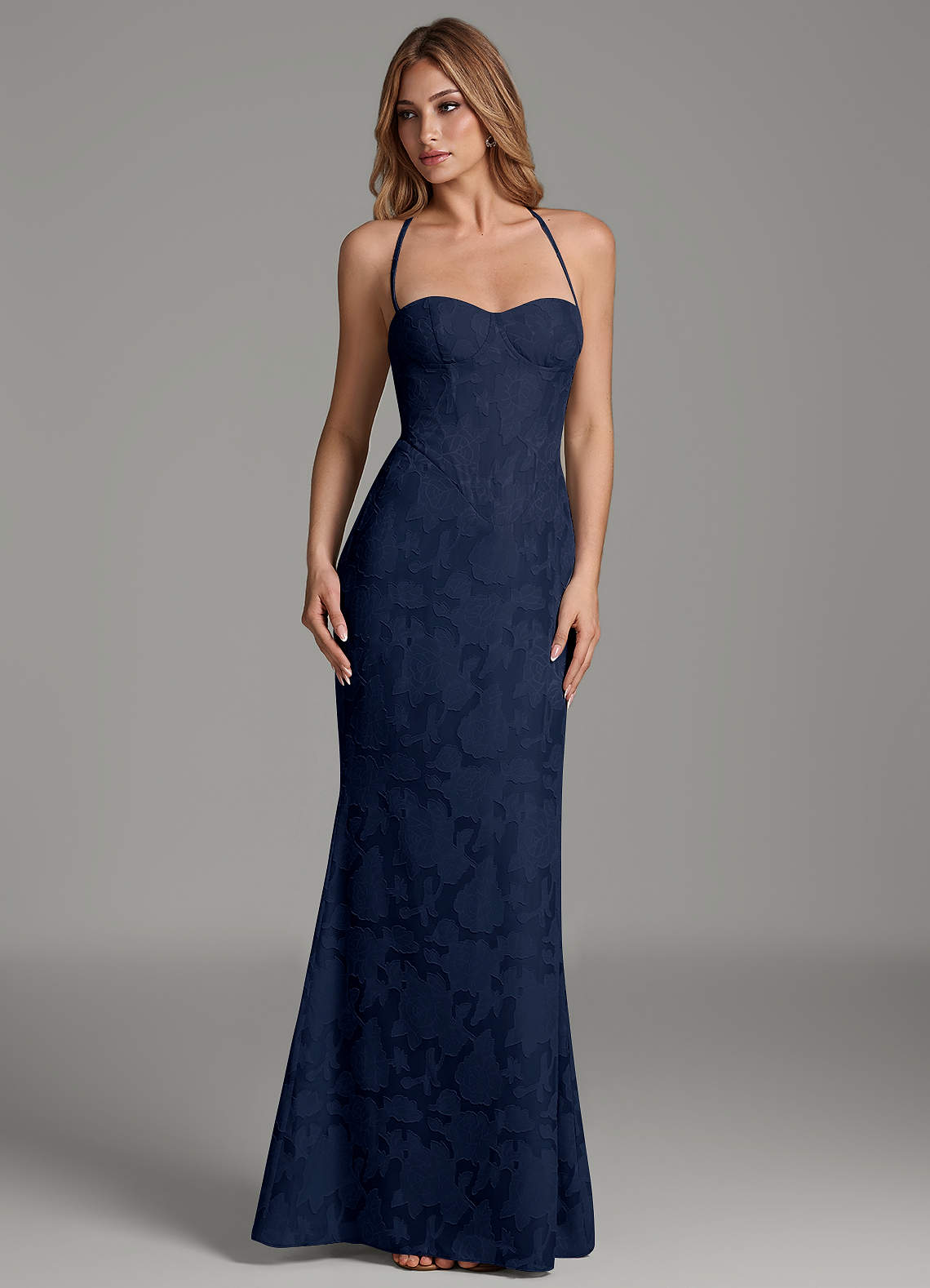 Dara Mermaid Sweetheart Floral Burnout Bridesmaid Dress in Dark Navy