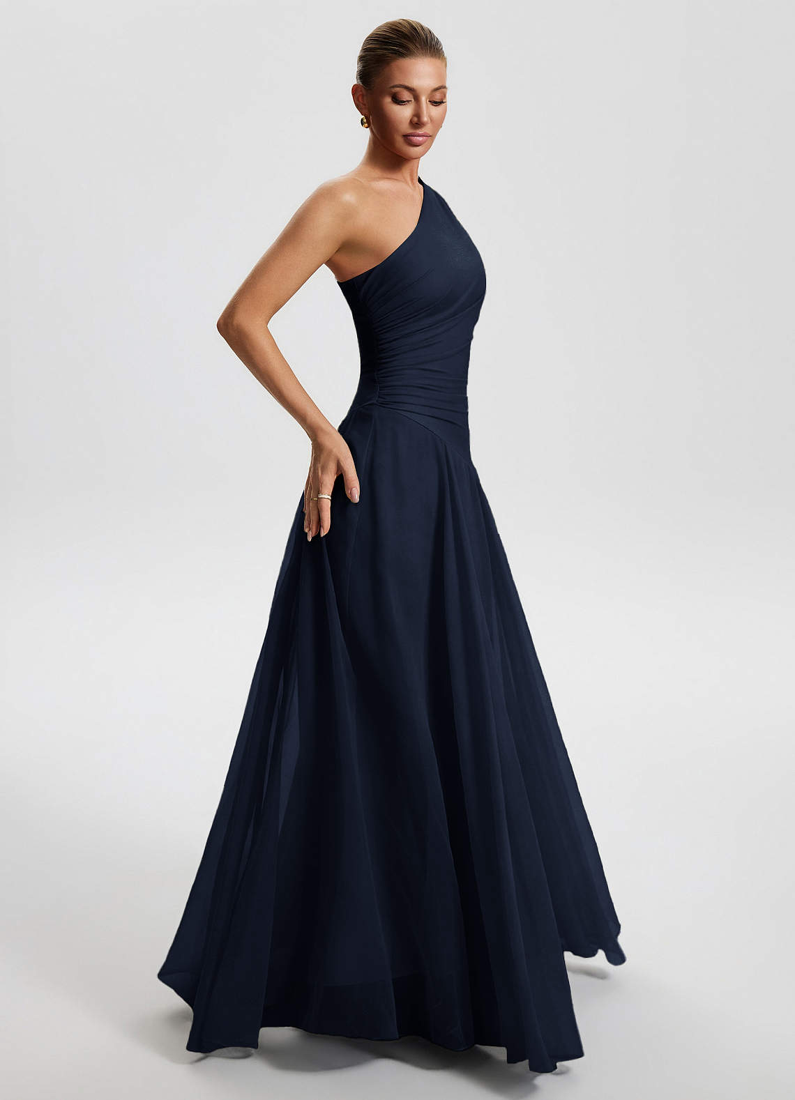 Sylvaine A-Line One-Shoulder Chiffon Wedding Guest Dress in Navy