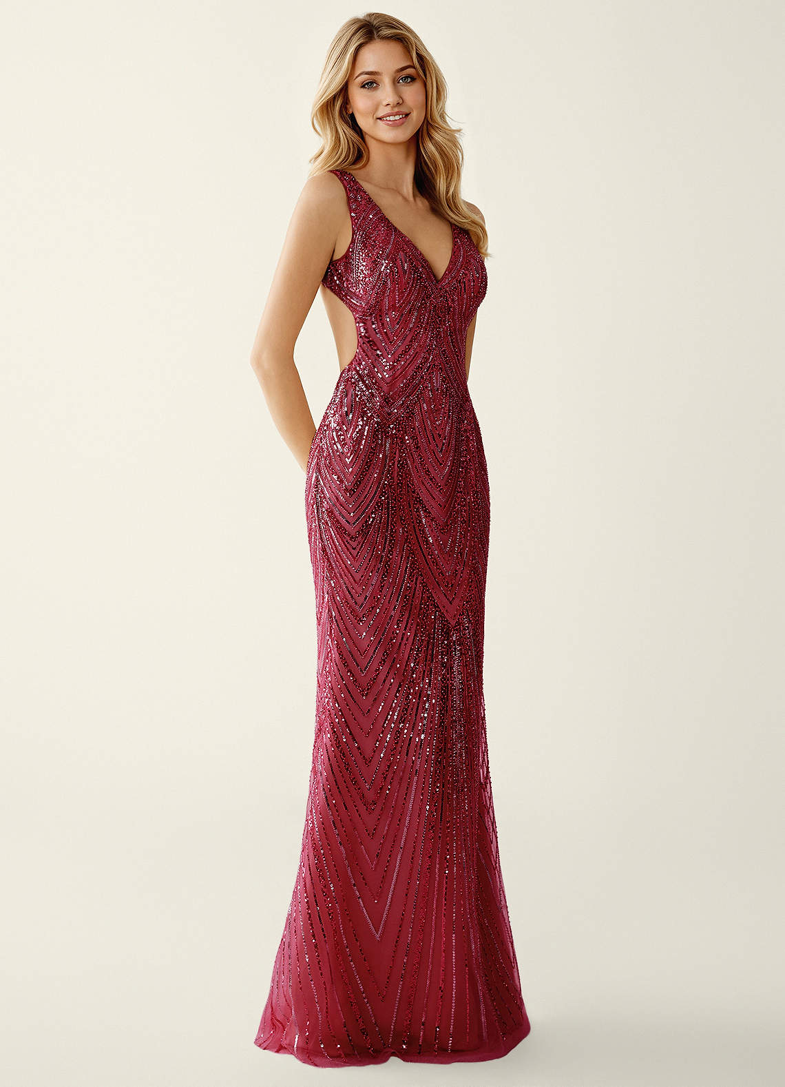 Hazelen Plunging V-Neck Chevron Sequin Tulle Evening Dress in Solid Burgundy