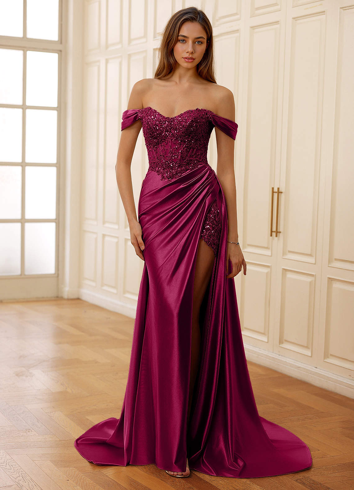 Rowane A-Line Off-the-Shoulder Satin Evening Dress in Burgundy