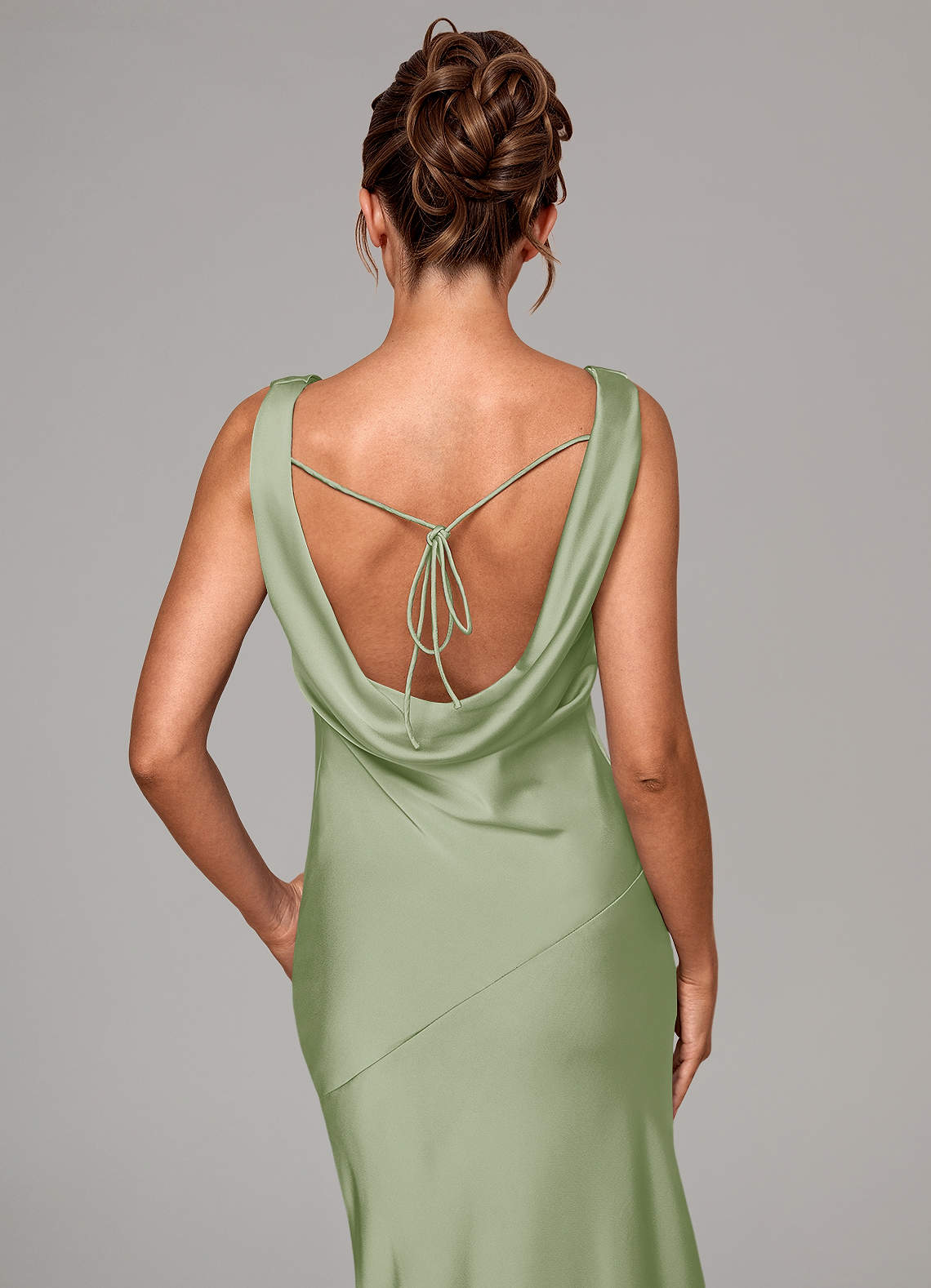 Rylina Mermaid Cowl-Neck Stretch Satin Bridesmaid Dress in Dusty Sage