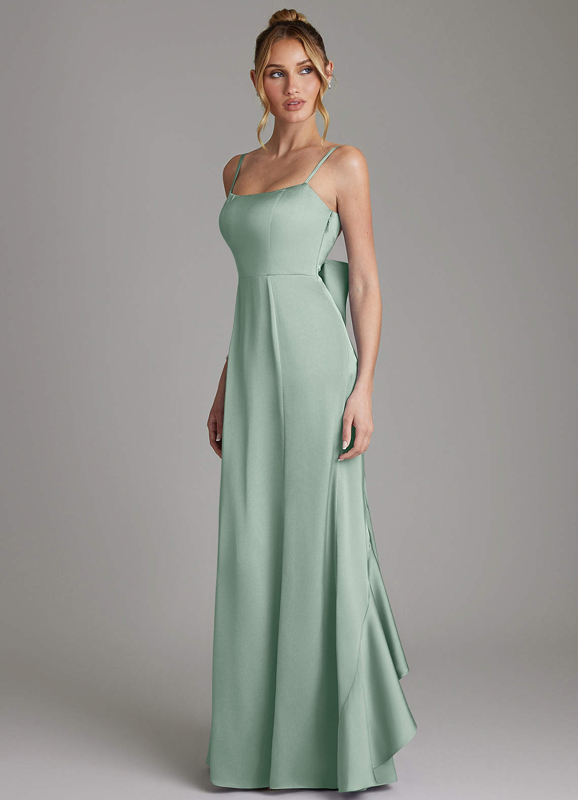 Zherra Mermaid Scoop-Neck Stretch Satin Bridesmaid Dress in Agave