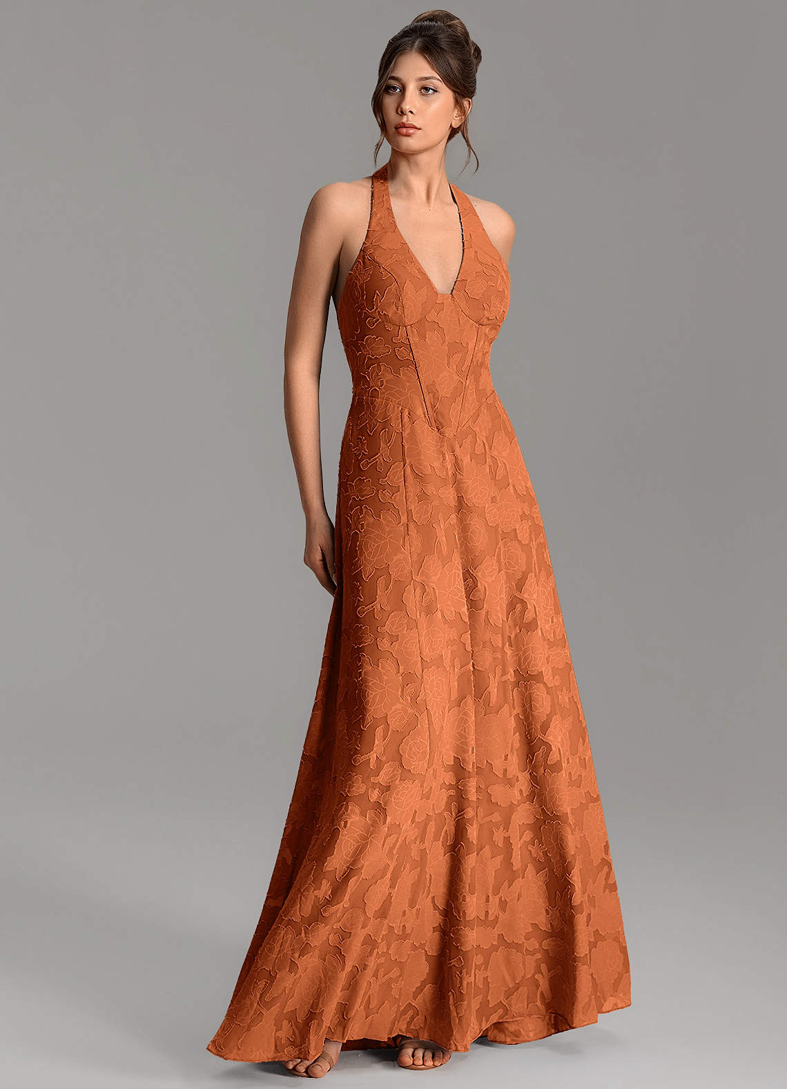Nia A-Line V-Neck Floral Burnout Bridesmaid Dress in Burnt Orange