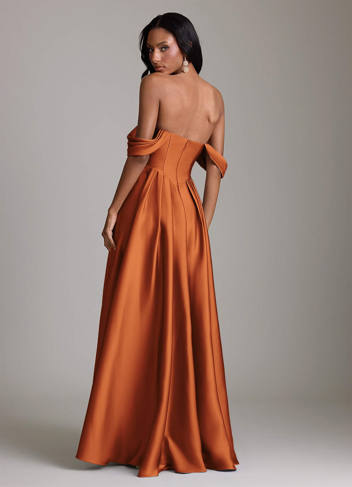 Loisa A-Line Off-the-Shoulder Stretch Satin Bridesmaid Dress in Cinnamon
