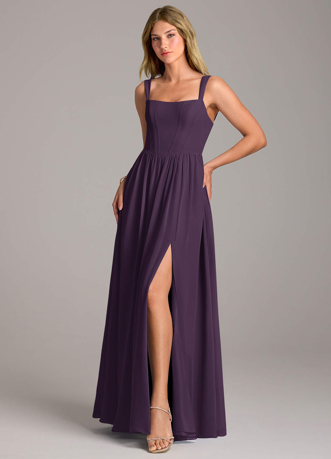 Rosaline A-Line Square-Neck Chiffon Bridesmaid Dress in Plum