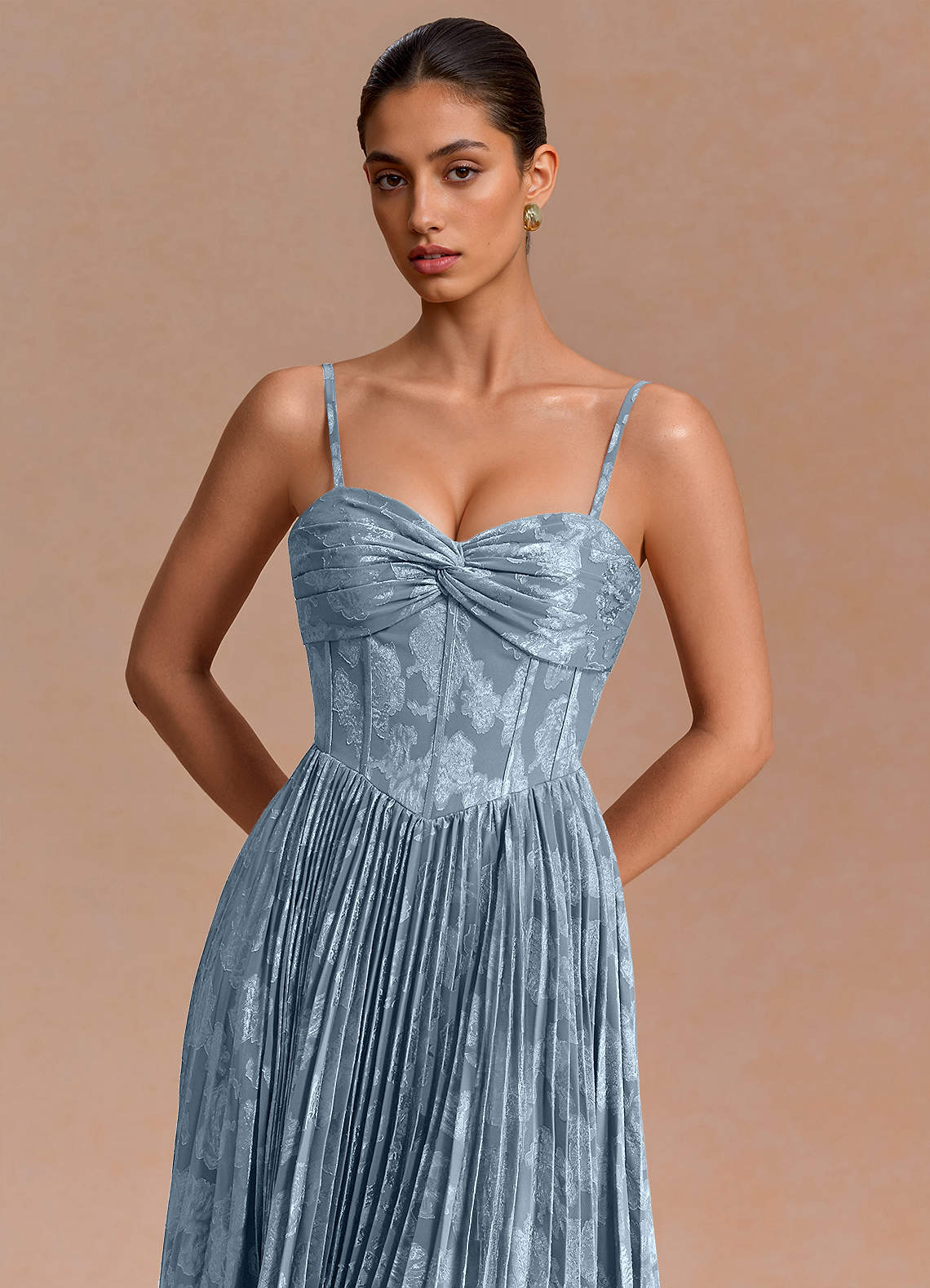Delfina A-Line Twisted-Bust Fil Coupé Evening Dress in Dusty Blue