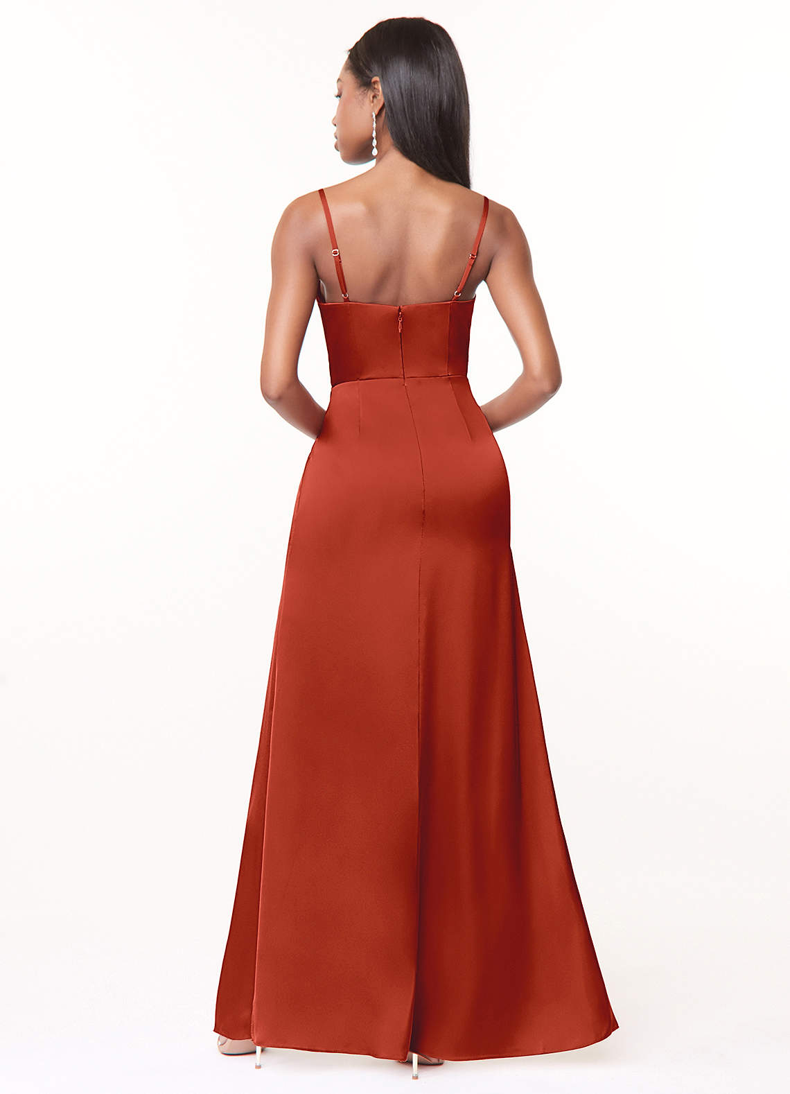 Maci A-Line V-Neck Stretch Satin Bridesmaid Dress in Rust