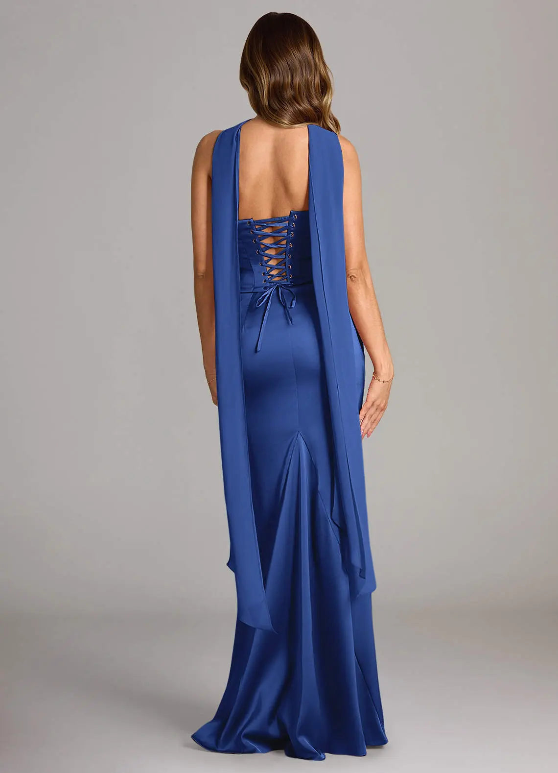 Sorrel Mermaid Cowl-Neck Stretch Satin and Chiffon Bridesmaid Dress in Royal Blue