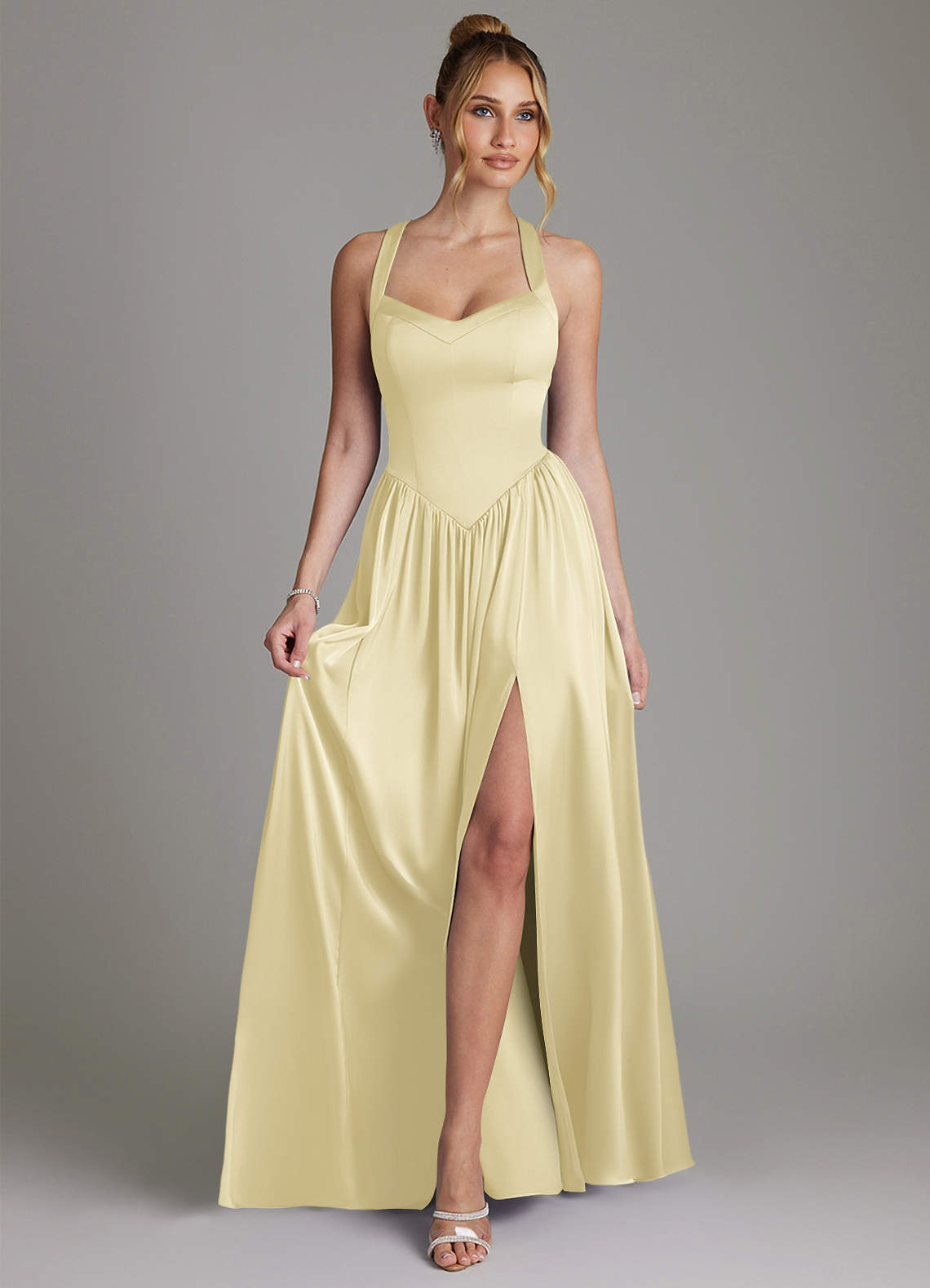 Francis A-Line V-Neck Stretch Satin Bridesmaid Dress in Lemon Sorbet