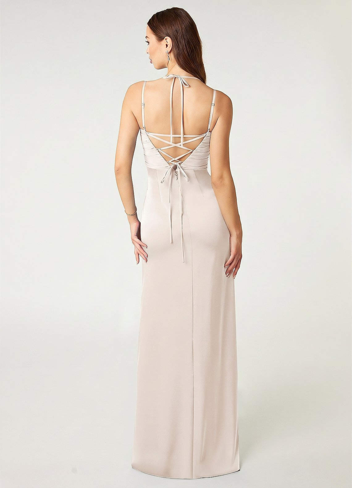 Desi Sheath Halter Stretch Satin Bridesmaid Dress in White Alabaster