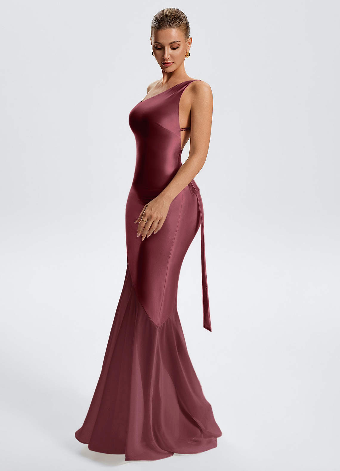 Idalia White Mermaid One-Shoulder Chiffon-Overlay Evening Dress in Cabernet