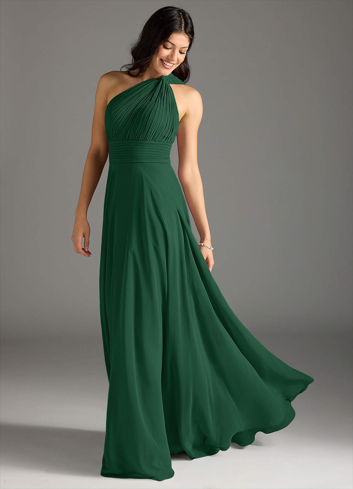 Charlize A-Line One-Shoulder Chiffon Bridesmaid Dress in Dark Green