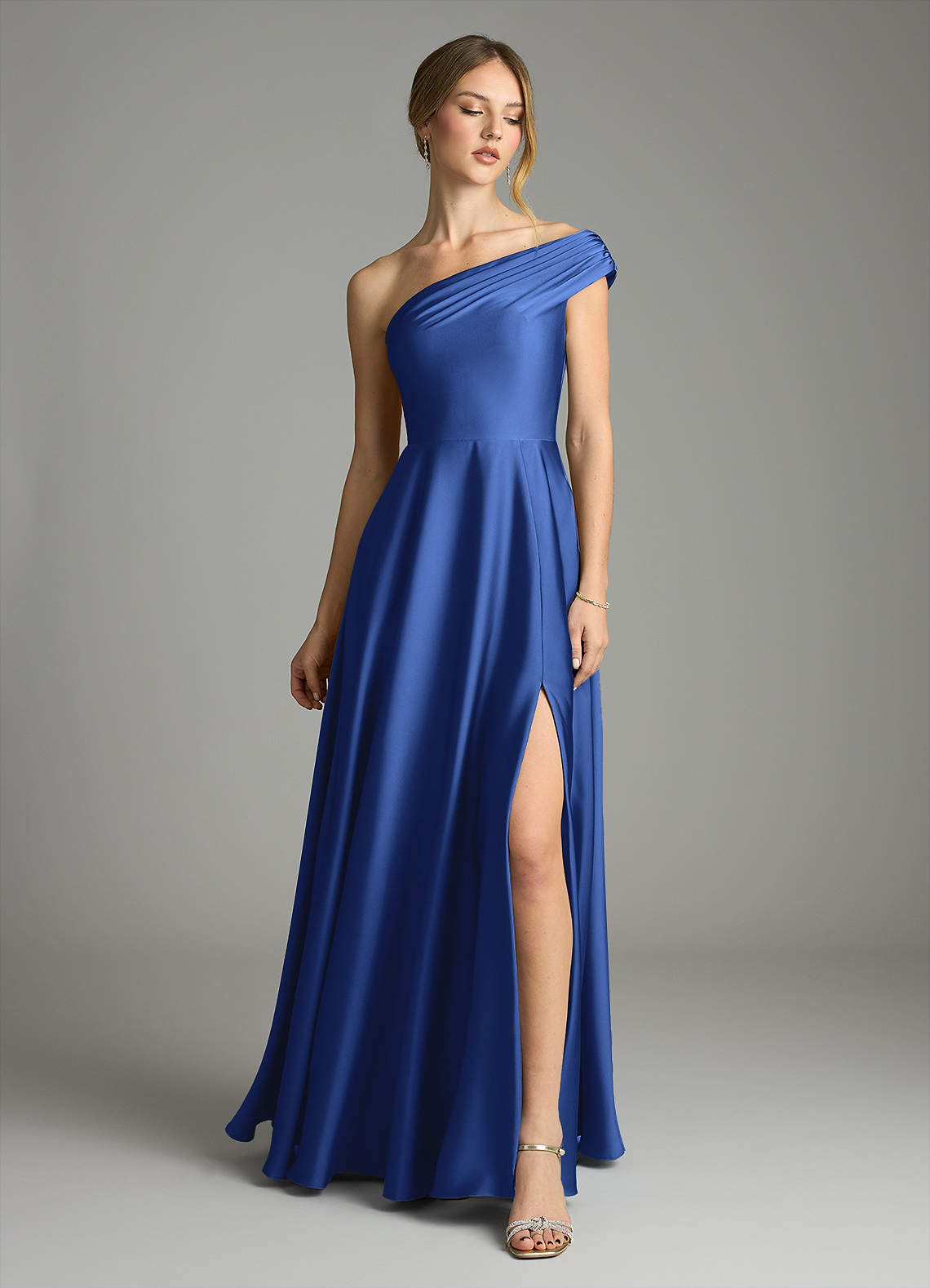 Melanie A-Line One-Shoulder Stretch Satin Bridesmaid Dress in Royal Blue