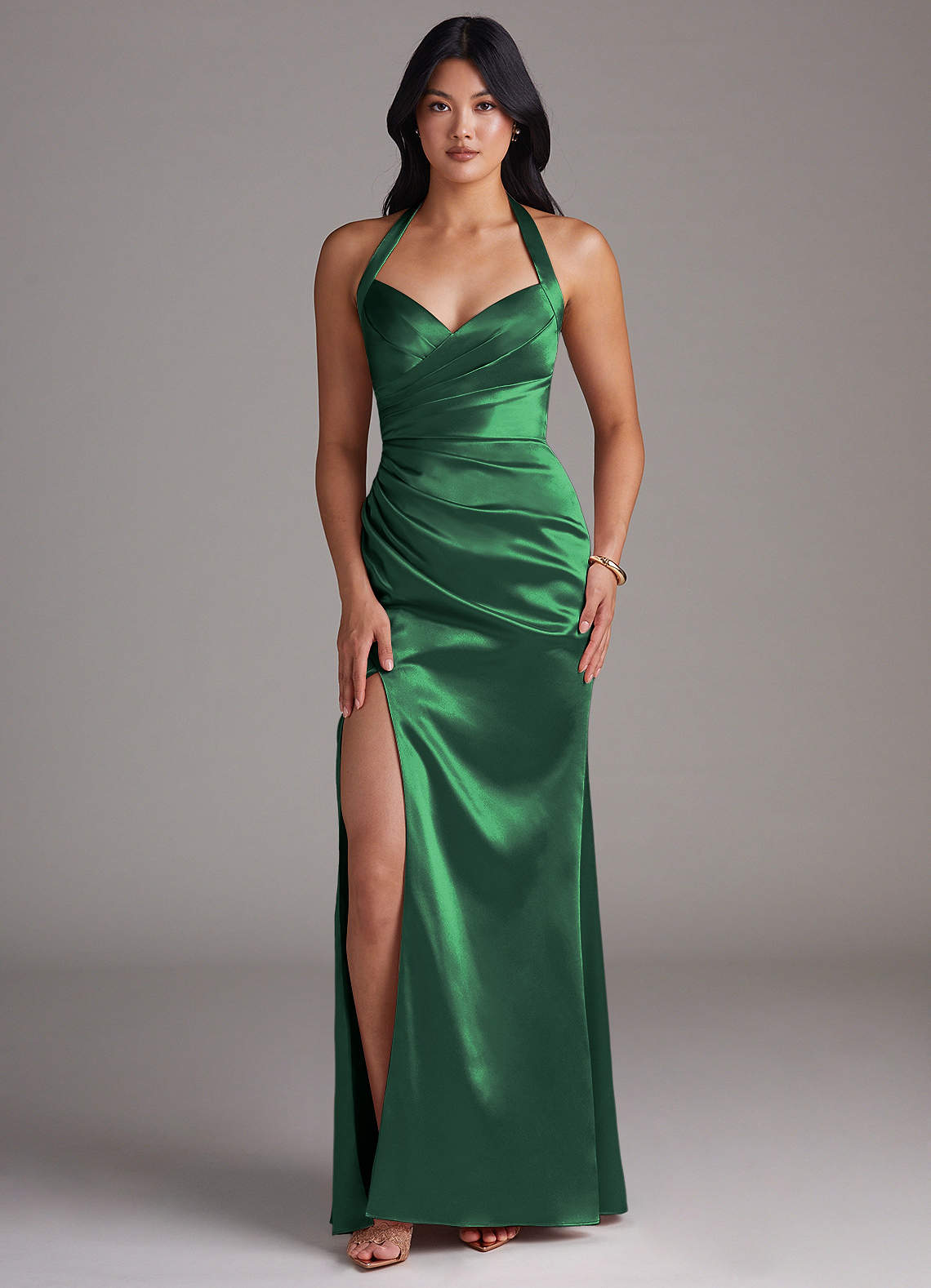 Emeria Sheath Halter Metallic Satin Bridesmaid Dress in Dark Green