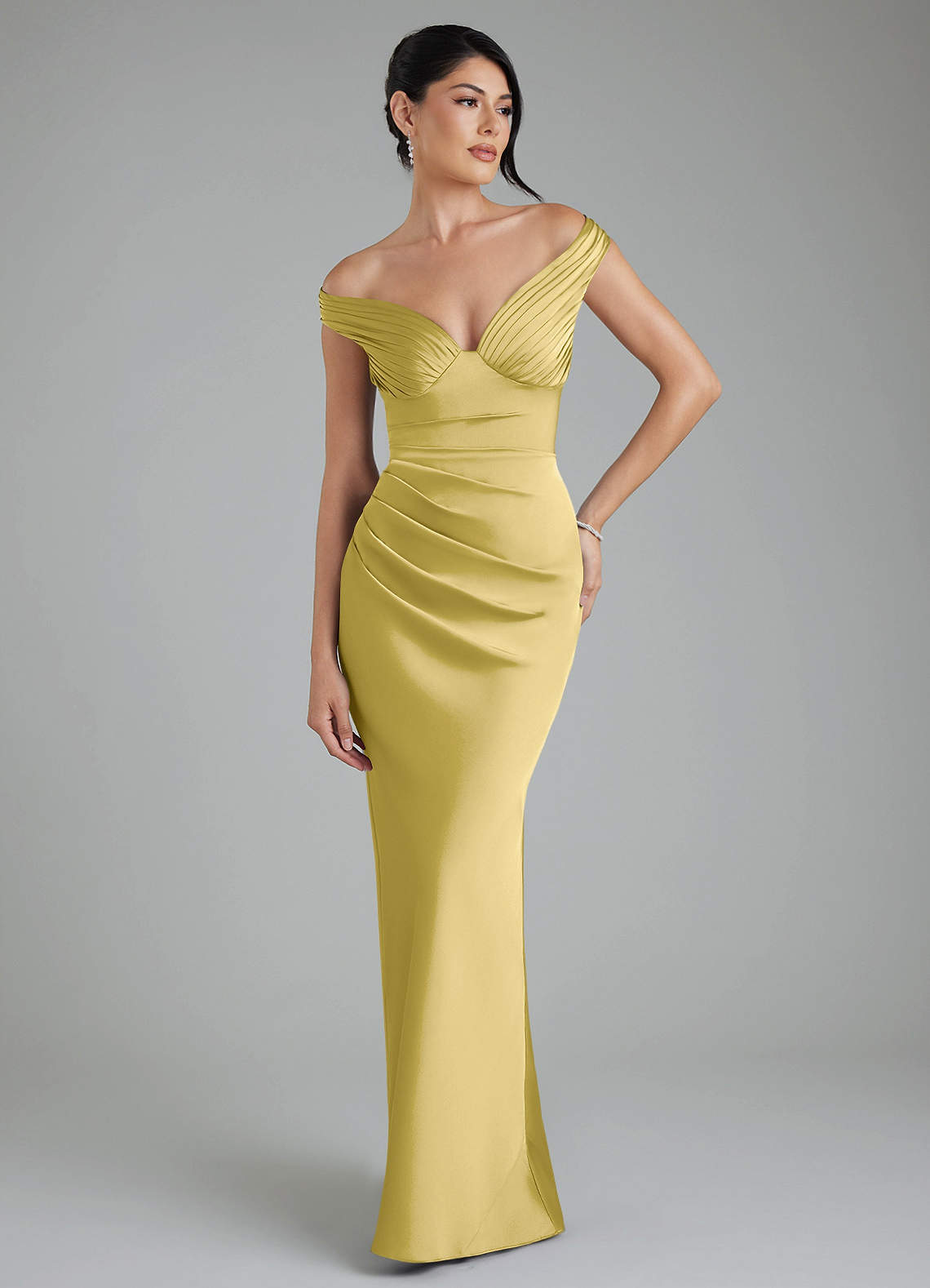 Stella Sheath V-Neck Stretch Satin Bridesmaid Dress in Canary