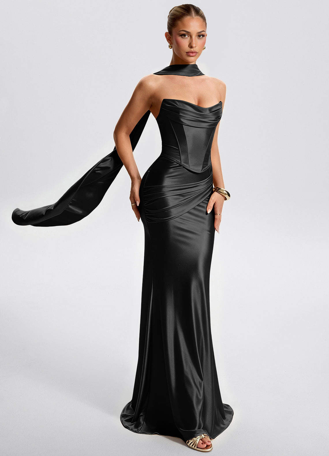 Fernley Mermaid Corset Stretch Satin Evening Dress in Black