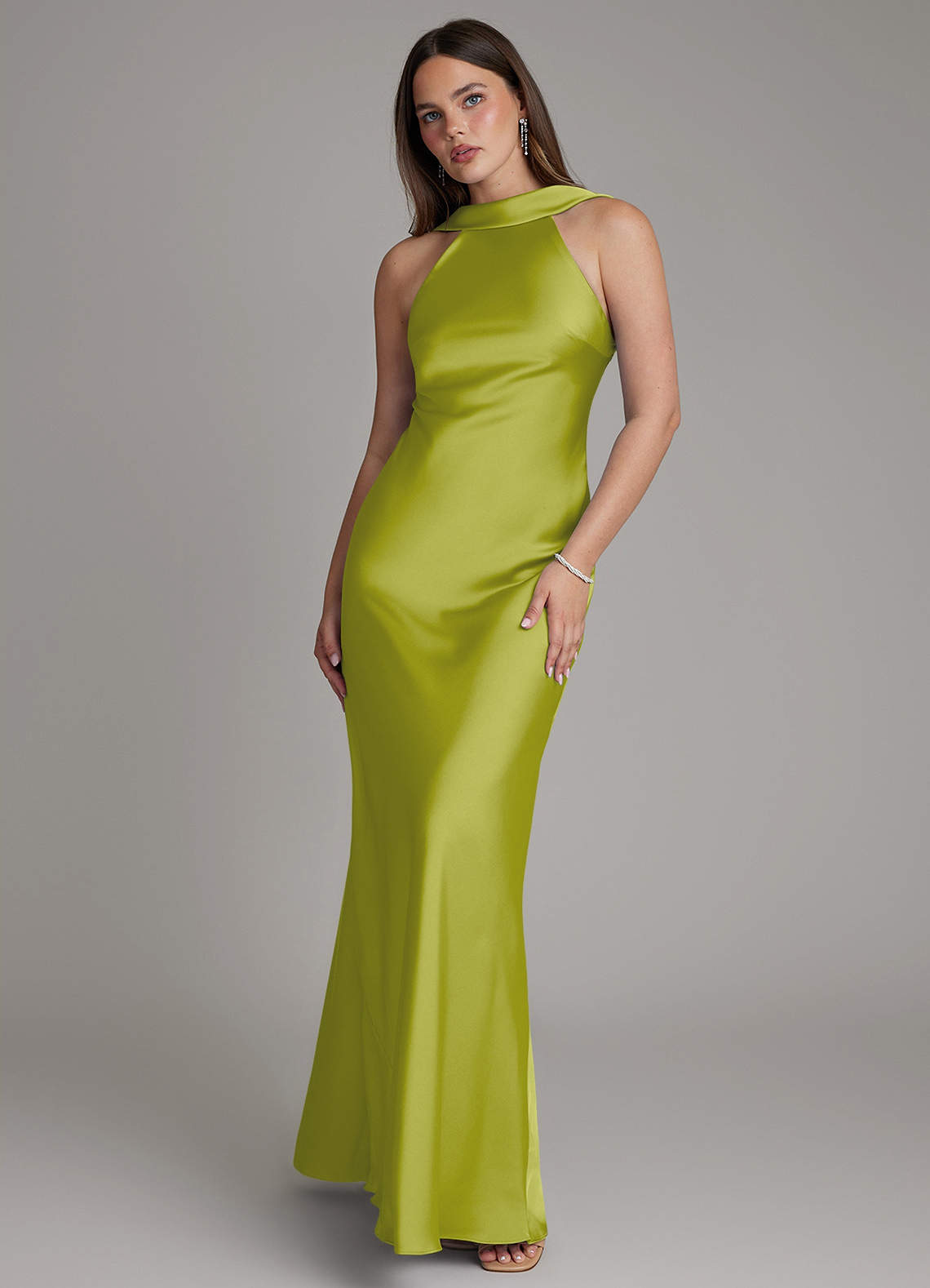 Dimitra Sheath Halter Stretch Satin Bridesmaid Dress in Lemongrass