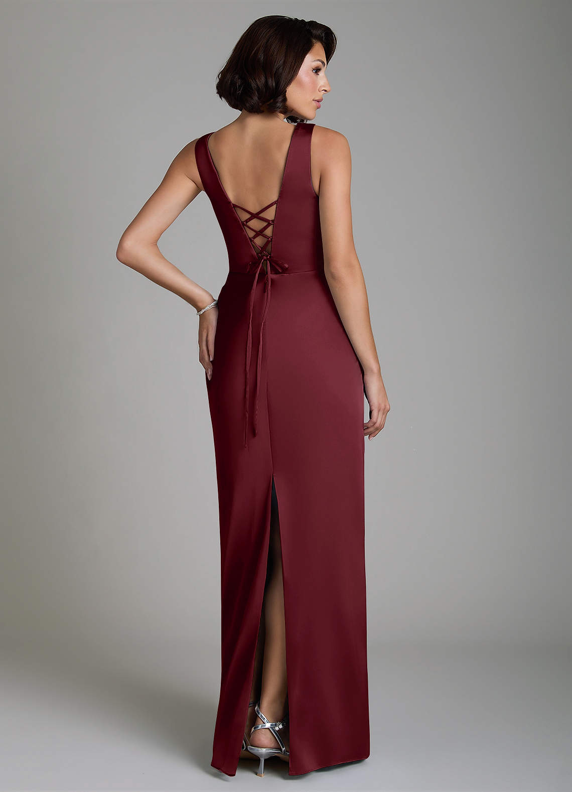Vanya Sheath V-Neck Stretch Satin Bridesmaid Dress in Cabernet