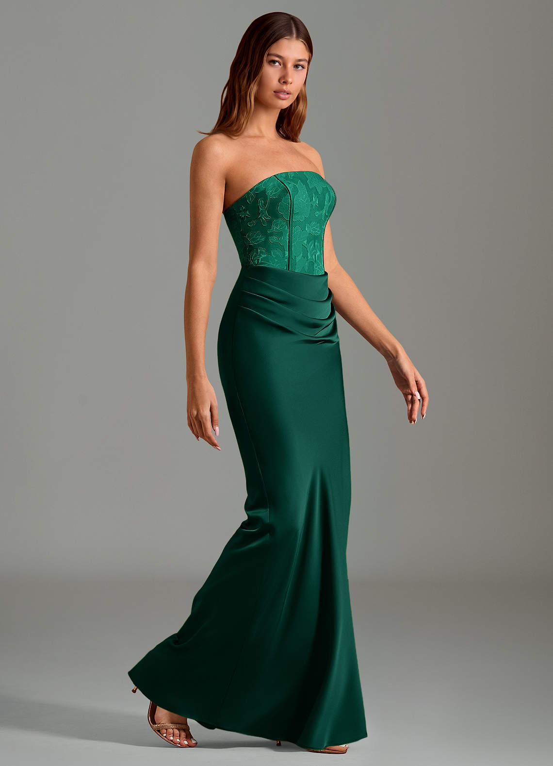 Emilia Mermaid Strapless Stretch Satin and Floral Burnout Bridesmaid Dress in Emerald