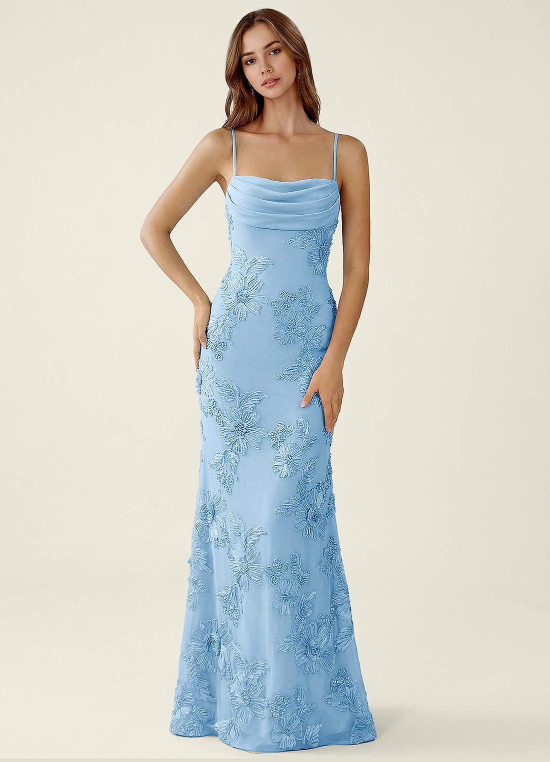 Bellatrix Mermaid Spaghetti-Strap Stretch Lace Evening Dress in Sky Blue