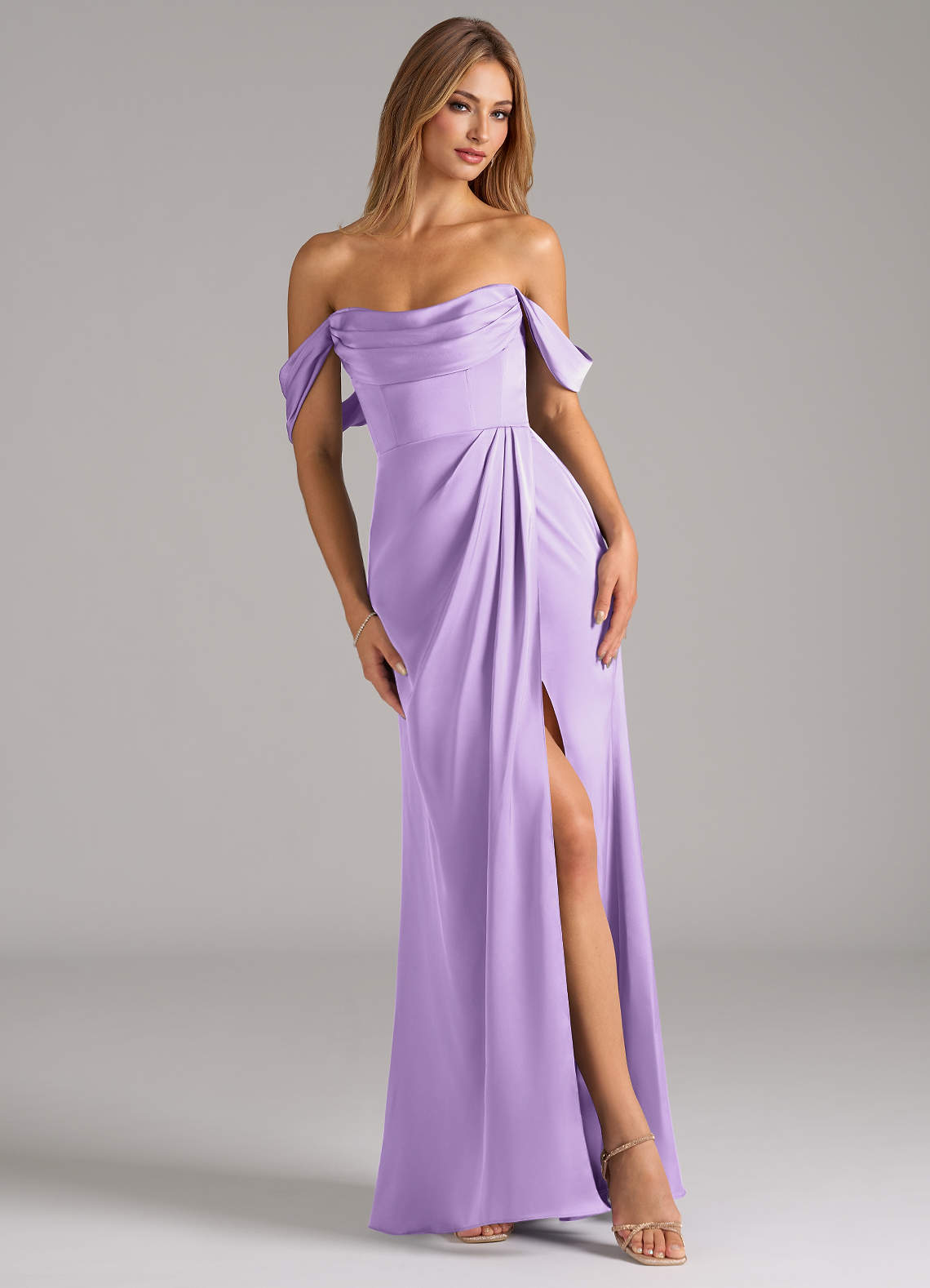 Johana Mermaid Off-the-Shoulder Stretch Satin Bridesmaid Dress in Lilac