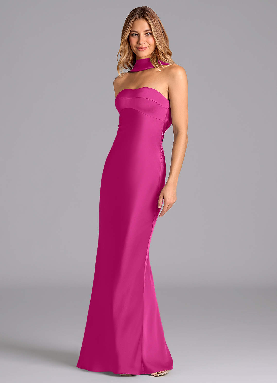 Lusinda Mermaid Strapless Stretch Satin Bridesmaid Dress in Fuchsia