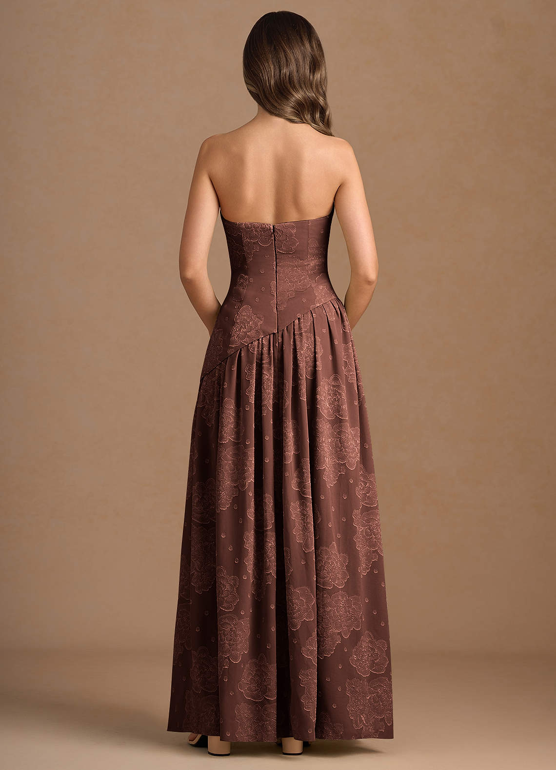 Marcella A-Line Corset Chiffon Burnout Wedding Guest Dress in Mocha Coco