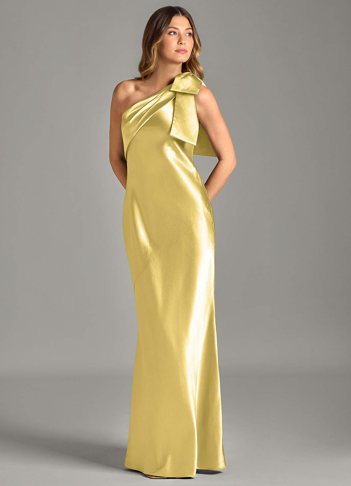 Yuanna Mermaid One-Shoulder Metallic Satin Bridesmaid Dress in Canary