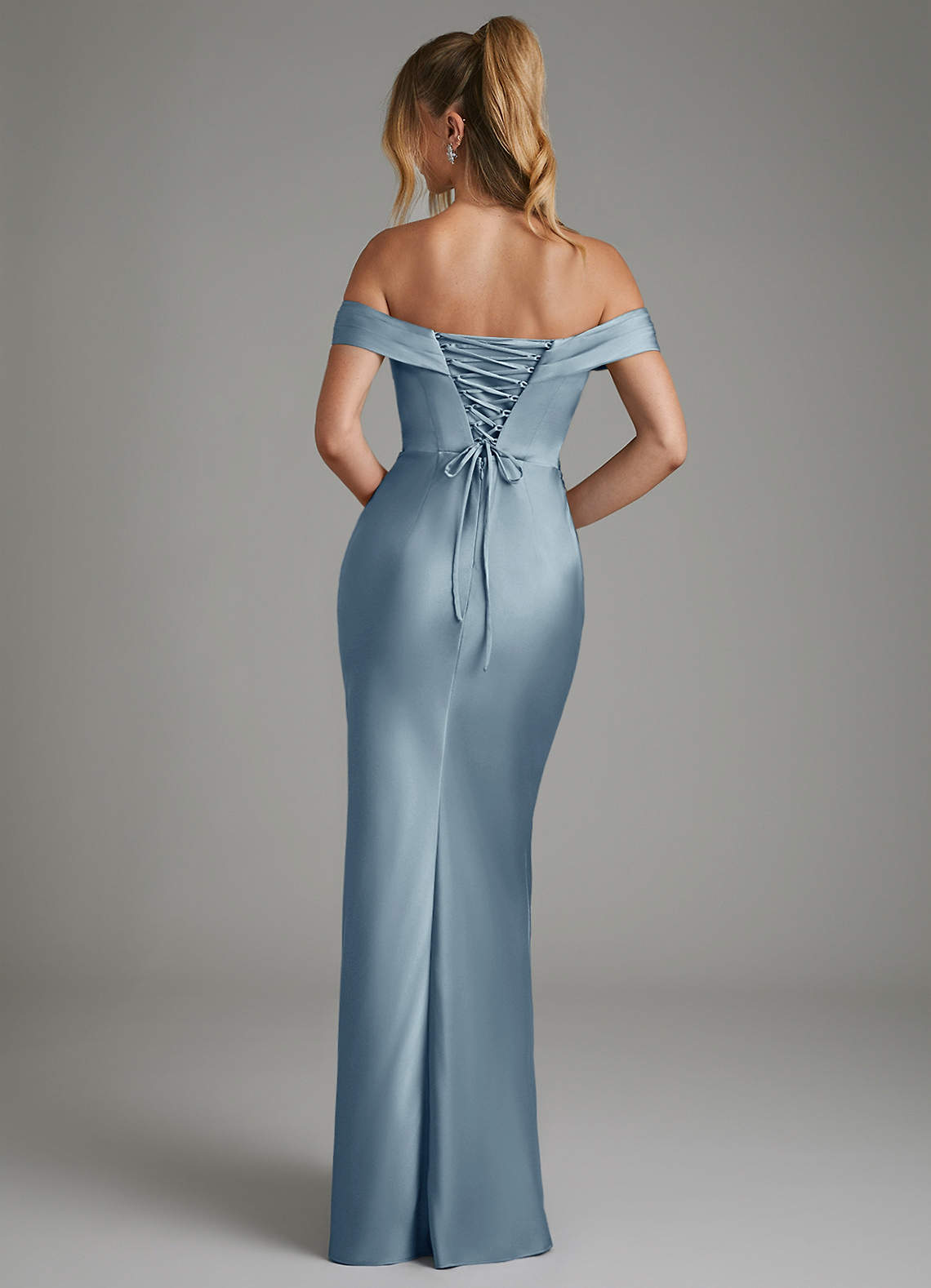 Hayden Mermaid Off-the-Shoulder Stretch Satin Bridesmaid Dress in dusty blue
