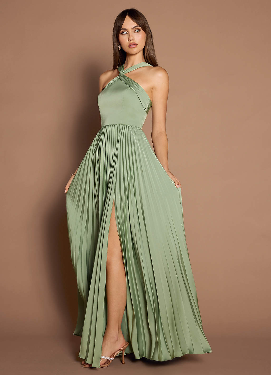 Afra A-Line Pleated Stretch Satin Wedding Guest Dress in Dusty Sage