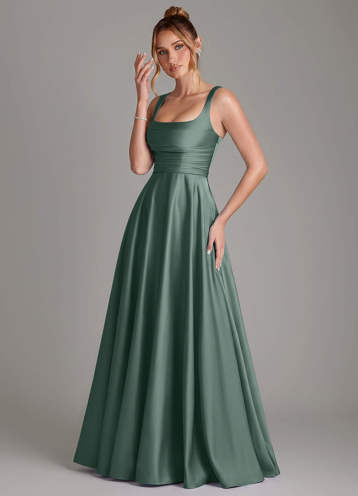 Azaria A-Line Square-Neck Stretch Satin Bridesmaid Dress in Sea Moss