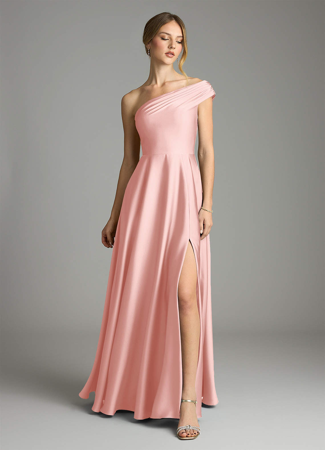 Melanie A-Line One-Shoulder Stretch Satin Bridesmaid Dress in Powder Pink