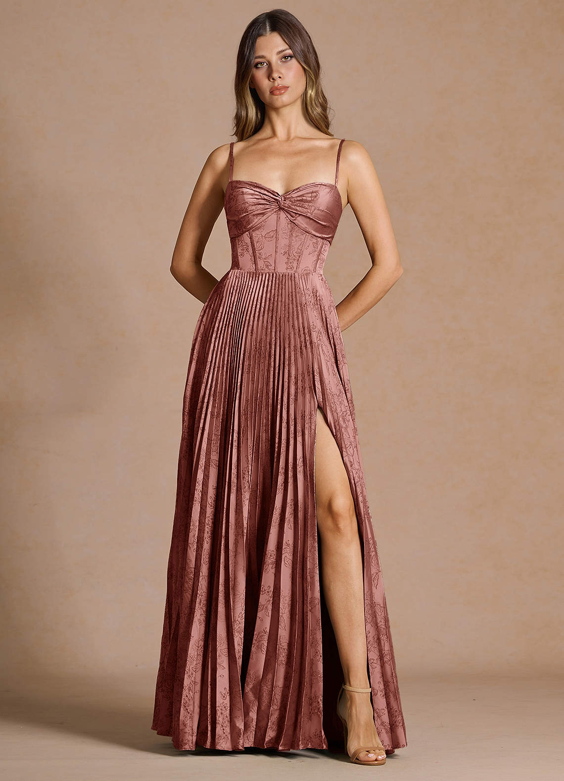 Vesper Pleated Knot-Neck Jacquard Wedding Guest Dress in Vintage Rose
