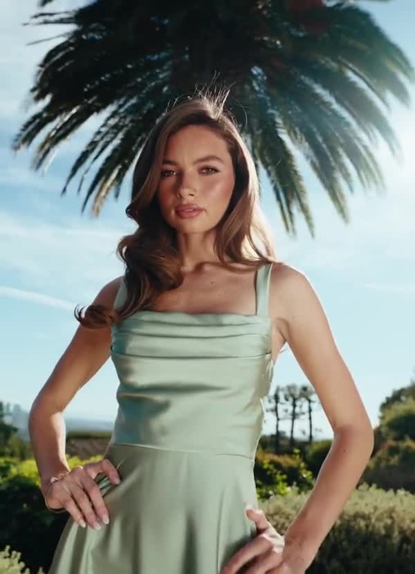 Shaude A-Line Square-Neck Stretch Satin Bridesmaid Dress in Dusty Sage