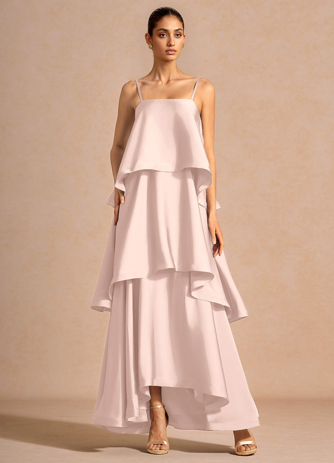 Itasca A-Line Tiered Stretch Satin Wedding Guest Dress in Lemon Green