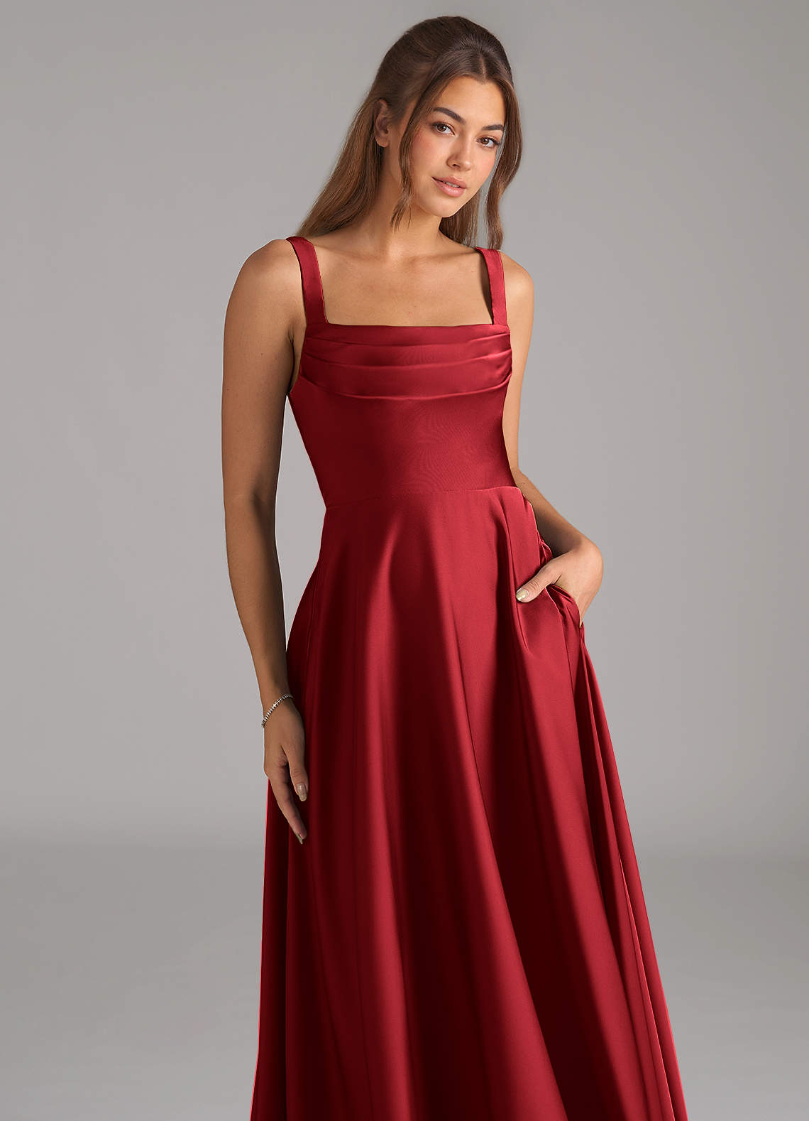 Shaude A-Line Square-Neck Stretch Satin Bridesmaid Dress in Scarlet