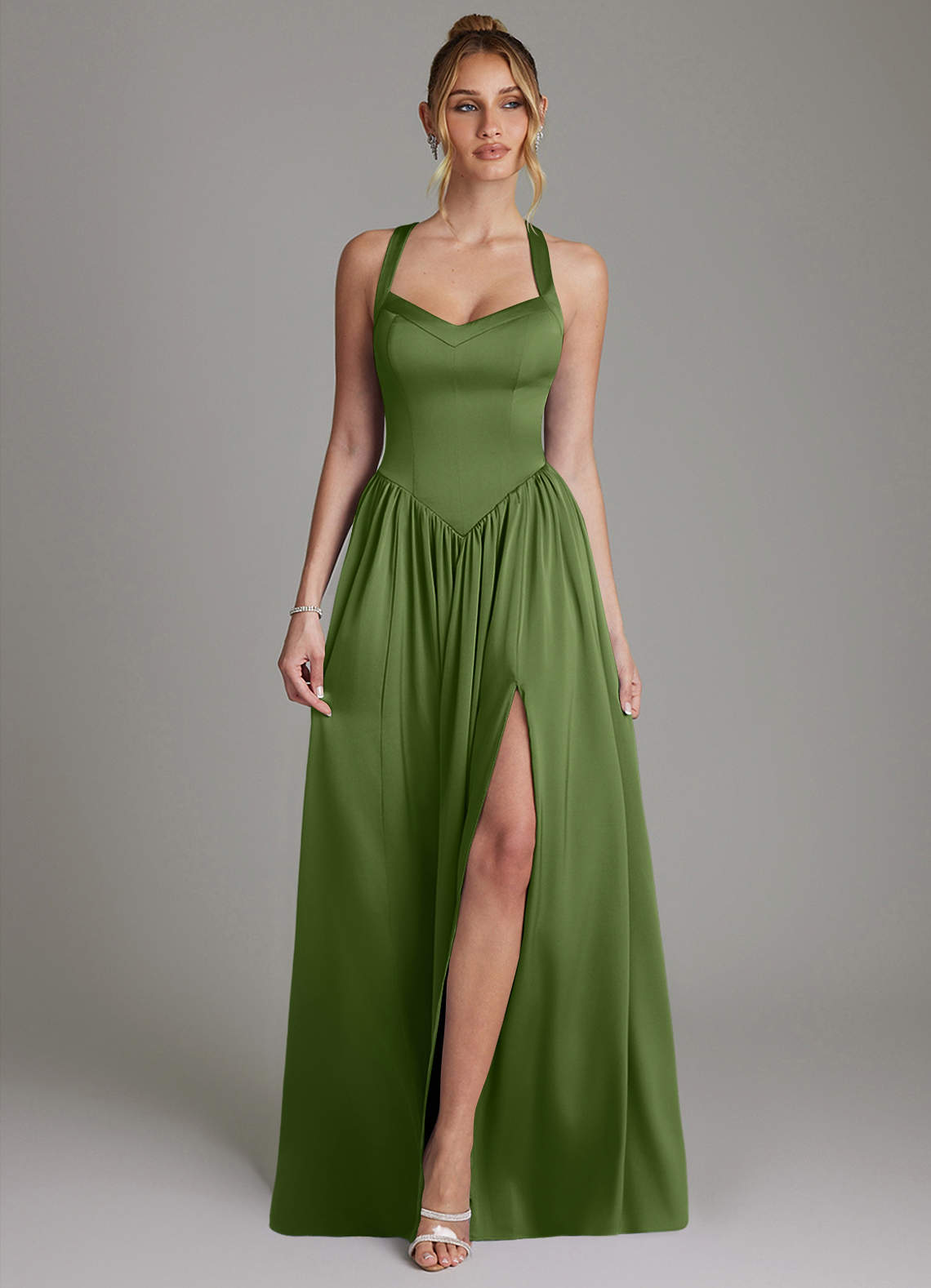 Francis A-Line V-Neck Stretch Satin Bridesmaid Dress in Juniper