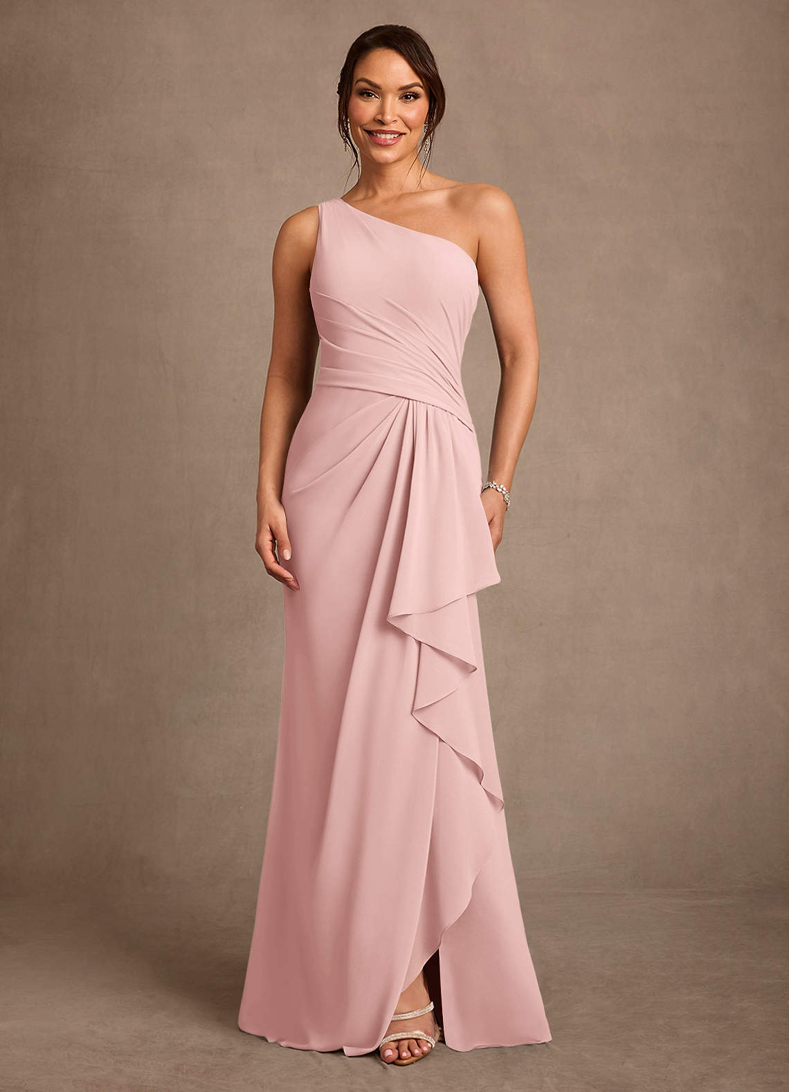 Floy Sheath One-Shoulder Chiffon Mother of the Bride Dress in Powder Pink