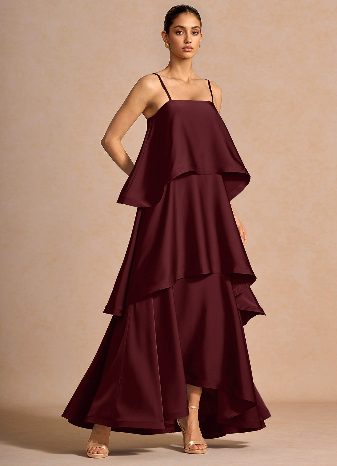 Itasca A-Line Tiered Stretch Satin Wedding Guest Dress in Wine