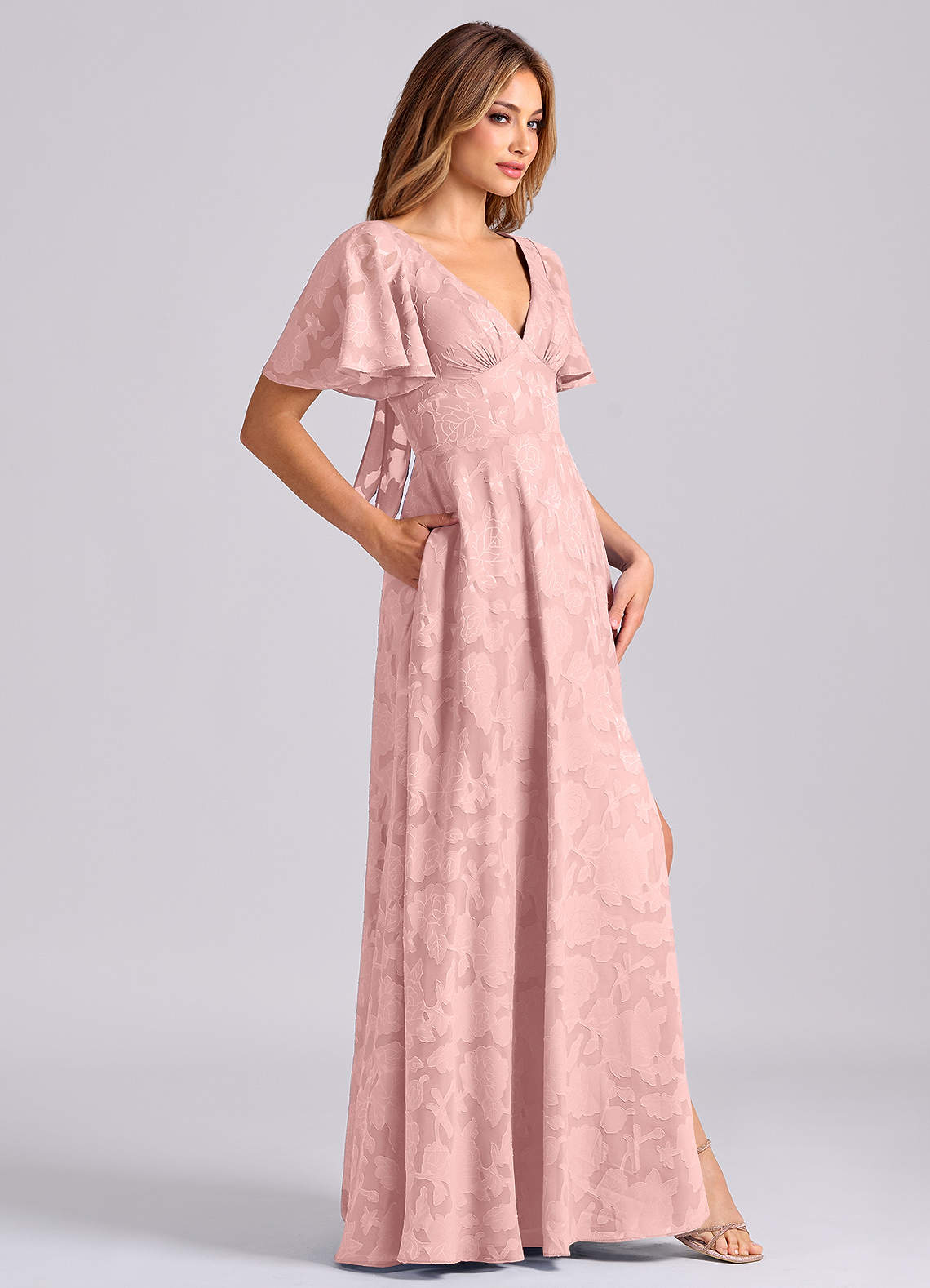 Kimber A-Line V-Neck Floral Burnout Bridesmaid Dress in Powder Pink