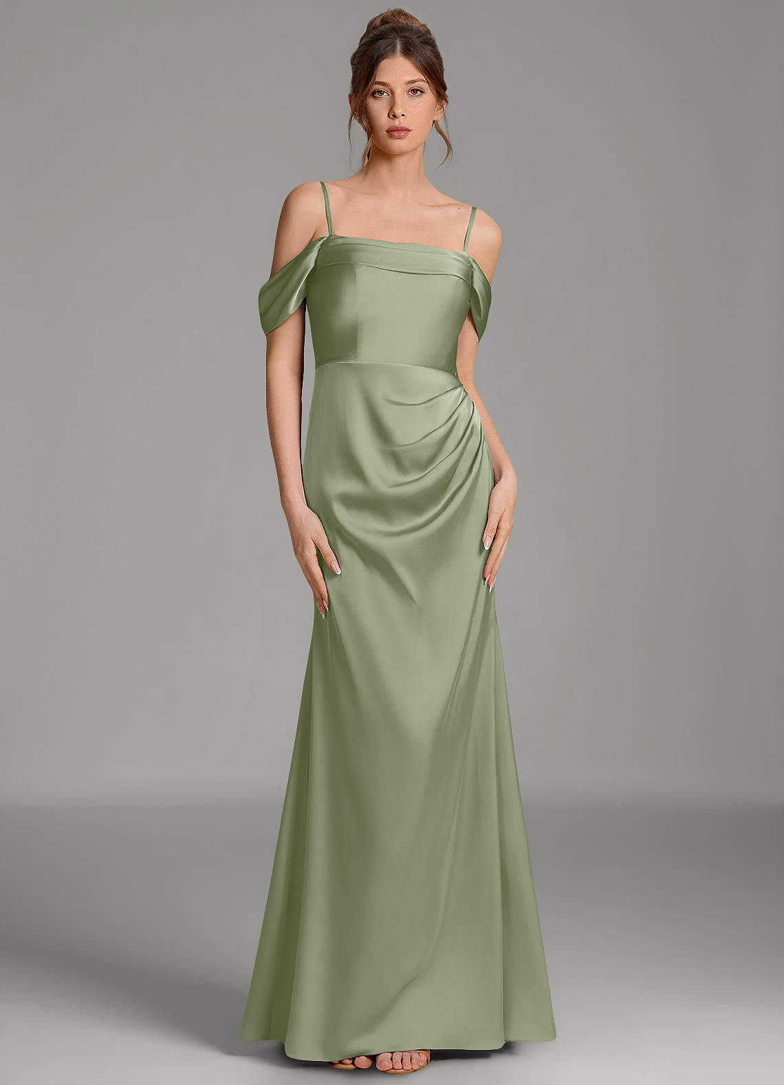 Wyatt Mermaid Off-the-Shoulder Stretch Satin Bridesmaid Dress in Pistachio