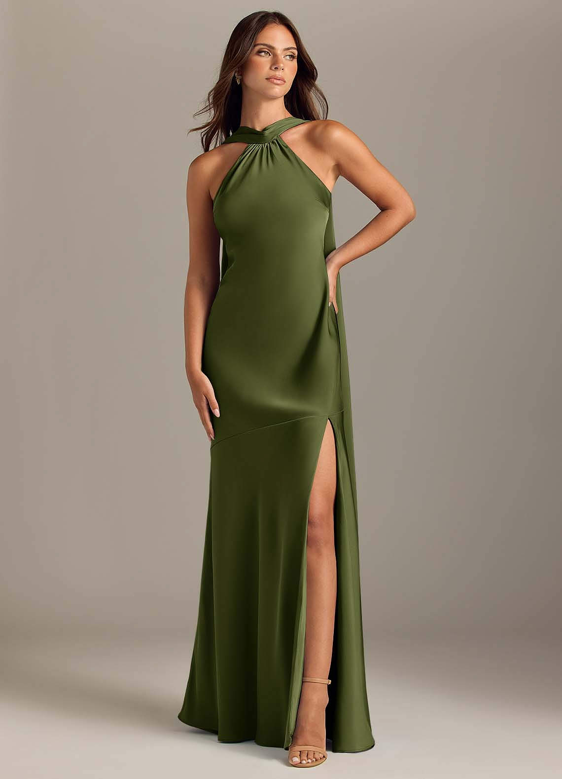 Kinsley Mermaid Halter Stretch Satin Bridesmaid Dress in Olive