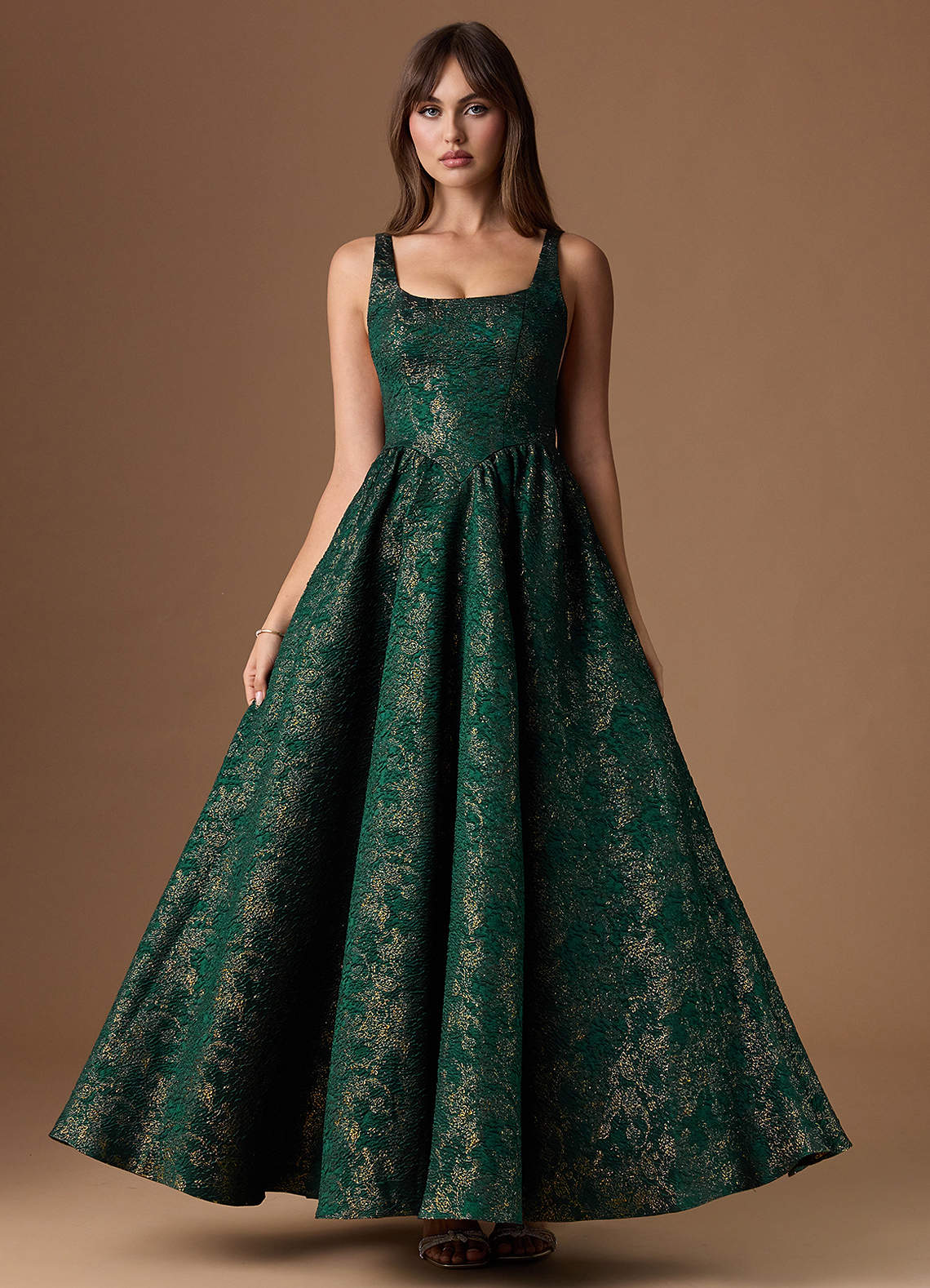 Bea A-Line Square-Neck Brocade Evening Dress in Gilded Midnight