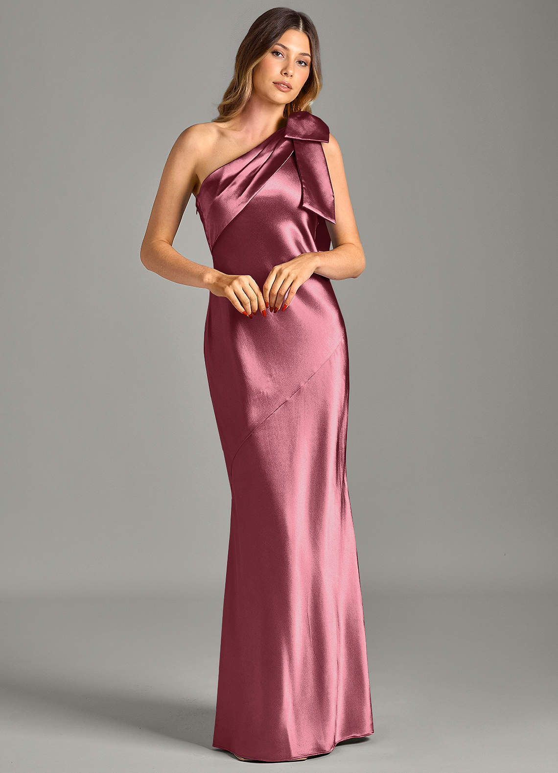 Yuanna Mermaid One-Shoulder Metallic Satin Bridesmaid Dress in Desert Rose