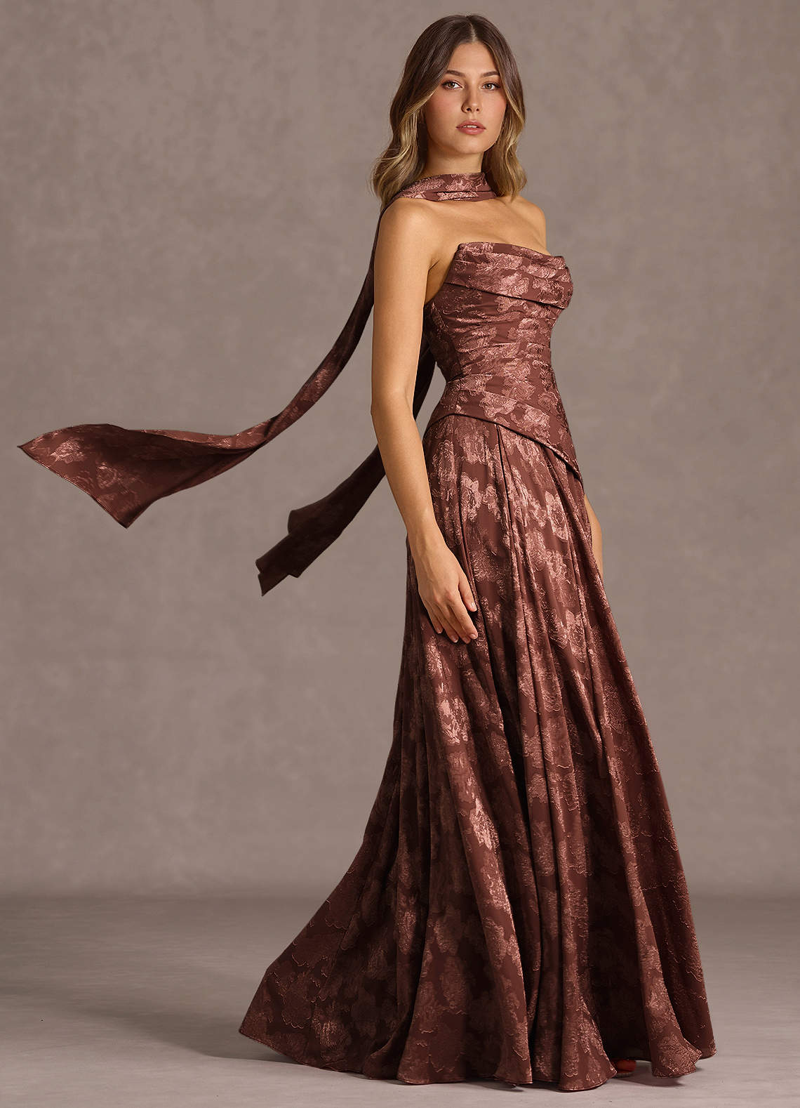 Gabriela A-Line Corset Fil Coupé Wedding Guest Dress in Mocha Coco