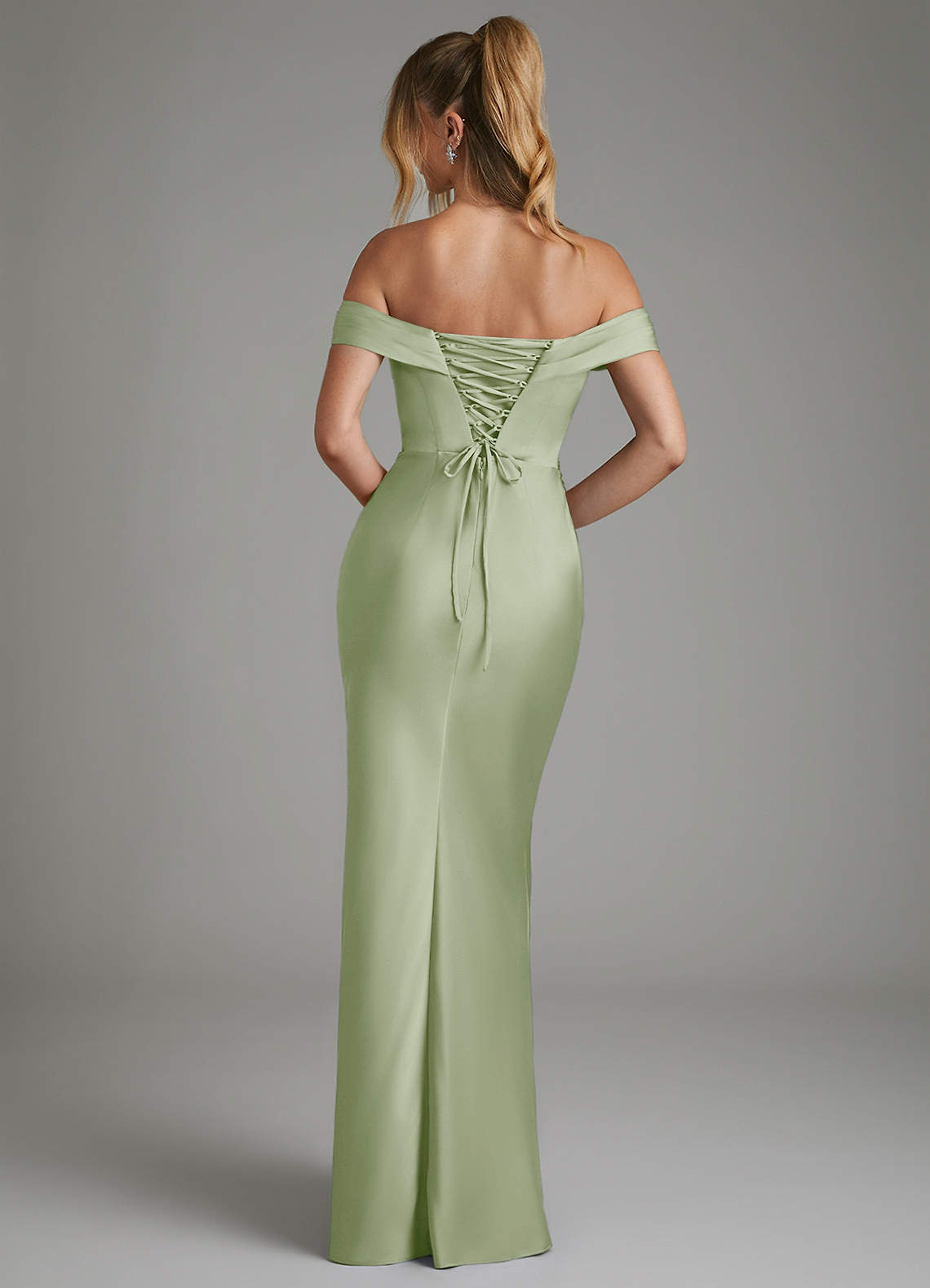 Hayden Mermaid Off-the-Shoulder Stretch Satin Bridesmaid Dress in Dusty Sage