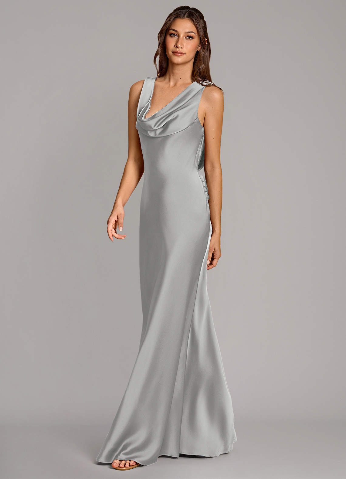 Cheryl Mermaid Cowl-Neck Stretch Satin Bridesmaid Dress in Silver