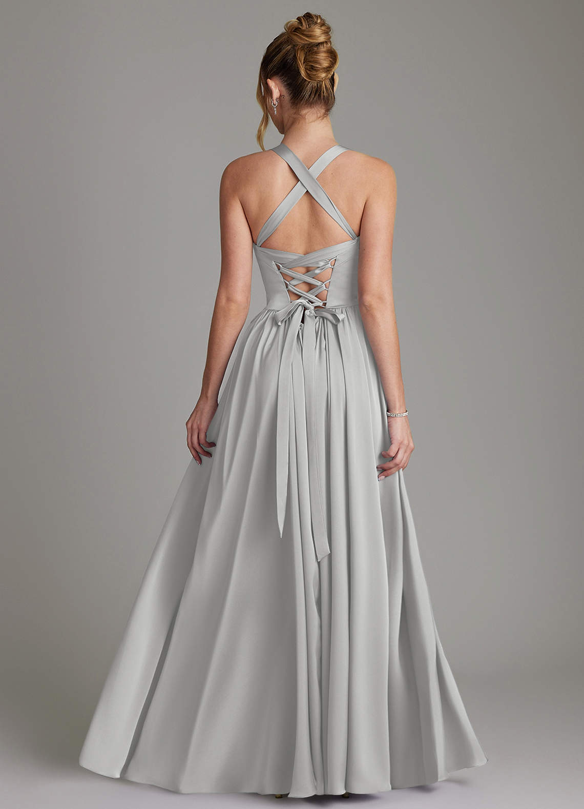 Francis A-Line V-Neck Stretch Satin Bridesmaid Dress in Silver