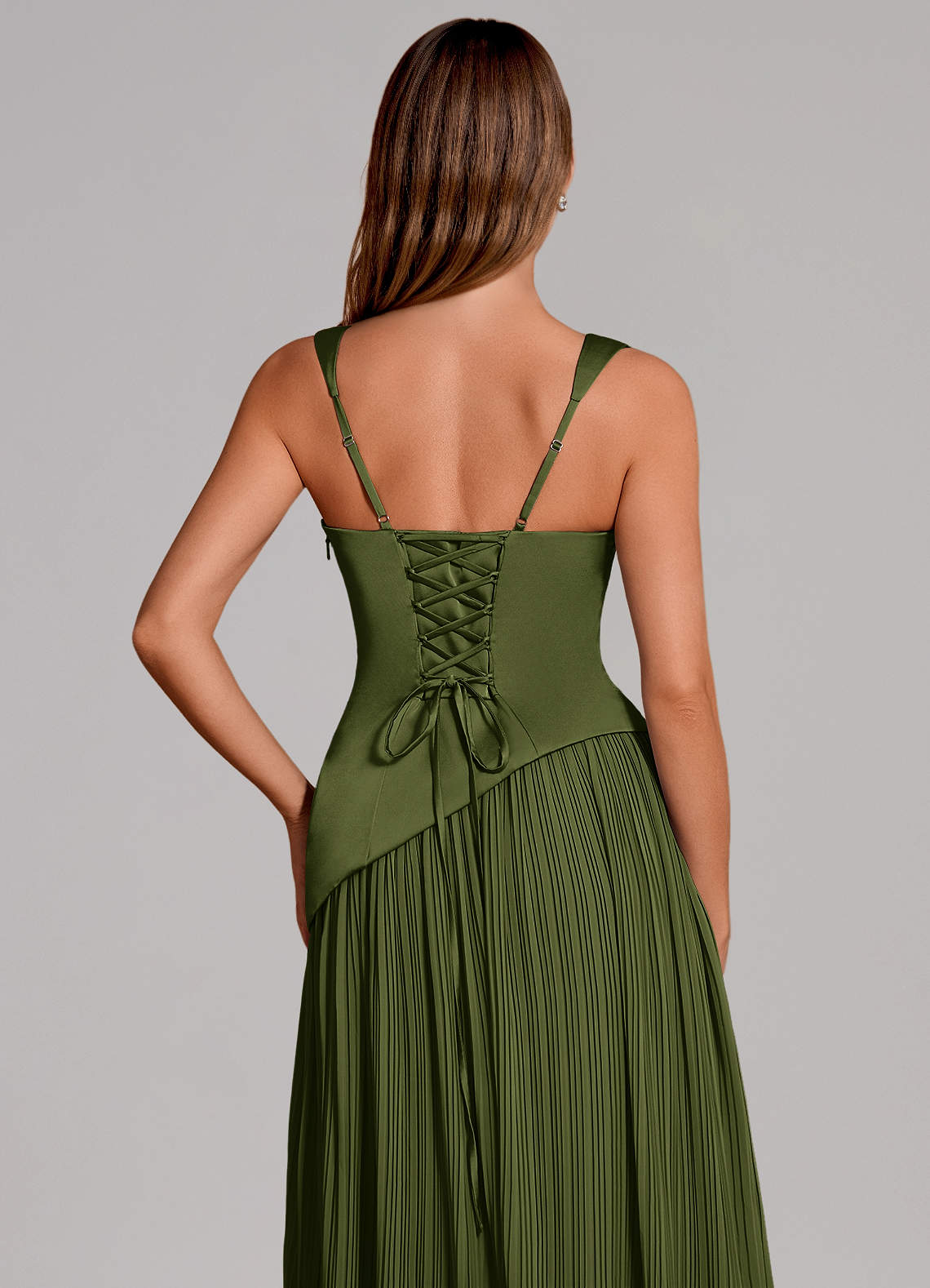 Stephanie A-Line Square-Neck Stretch Satin and Chiffon Bridesmaid Dress in Olive